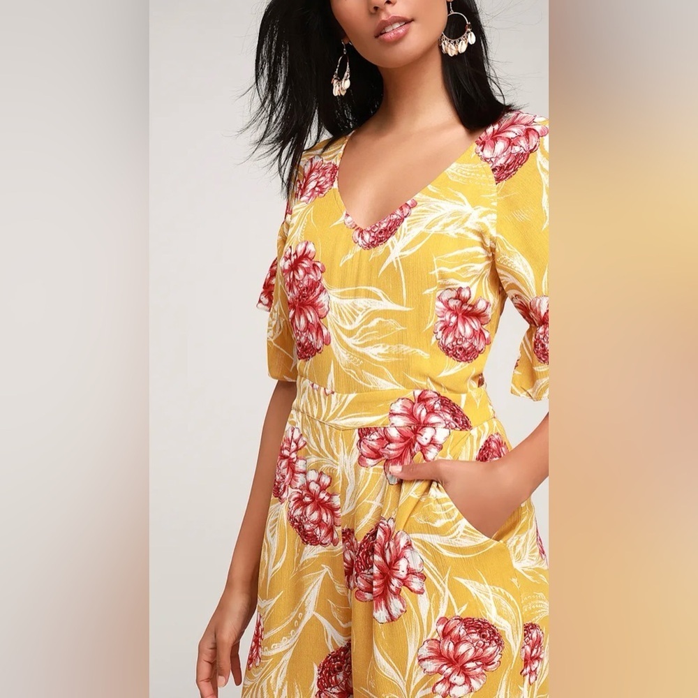 NWT Lulus Garden's Glory Mustard Yellow Floral Print Culotte Jumpsuit - Picture 3 of 16